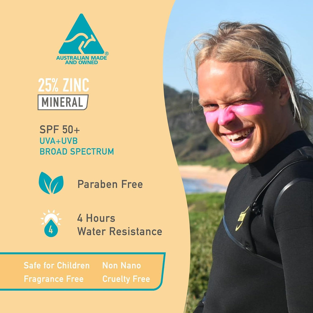 Sun Zapper Zinc Oxide Mineral Sunscreen Stick SPF 50+ Water Resistant – Pink – 12g (0.42 Oz) – For Face & Body – Adults & Kids – Made in Australia