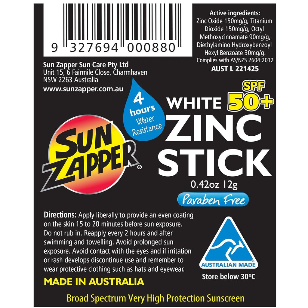 Sun Zapper Zinc Oxide Mineral Sunscreen Stick SPF 50+ – 12g White – Water Resistant