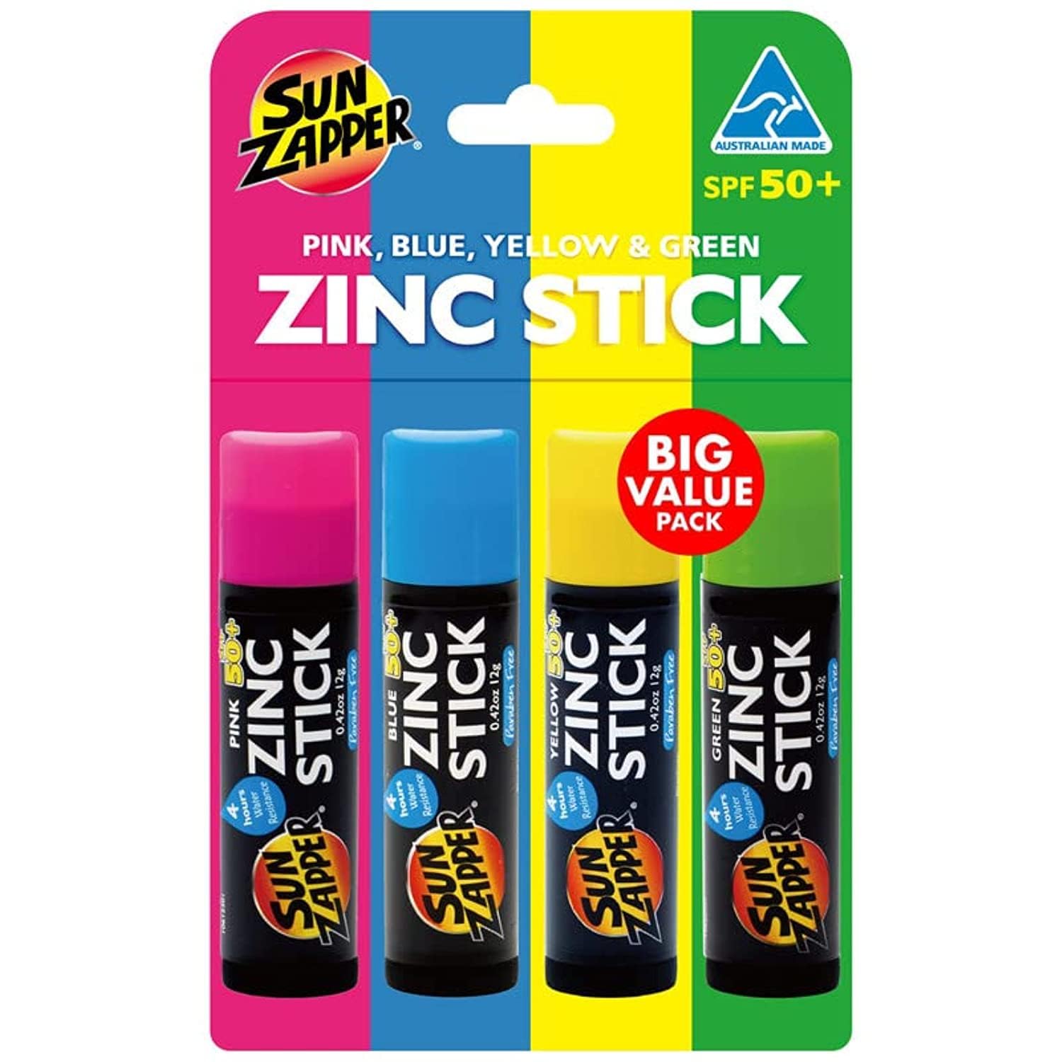 Sun Zapper Zinc Oxide Sunscreen Stick SPF 50+ 4-Pack – Water-Resistant, Broad Spectrum, Made in Australia