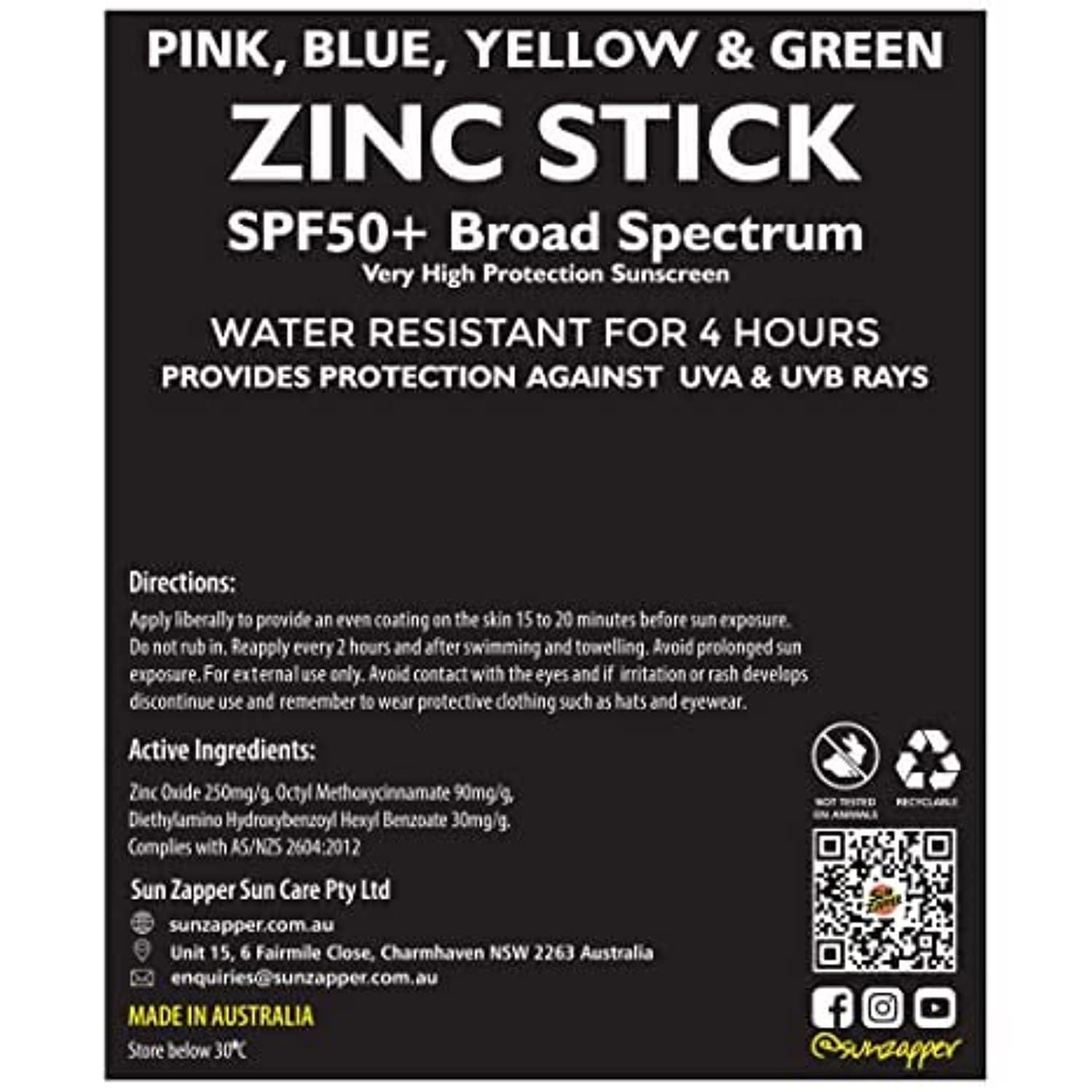 Sun Zapper Zinc Oxide Sunscreen Stick SPF 50+ 4-Pack – Water-Resistant, Broad Spectrum, Made in Australia