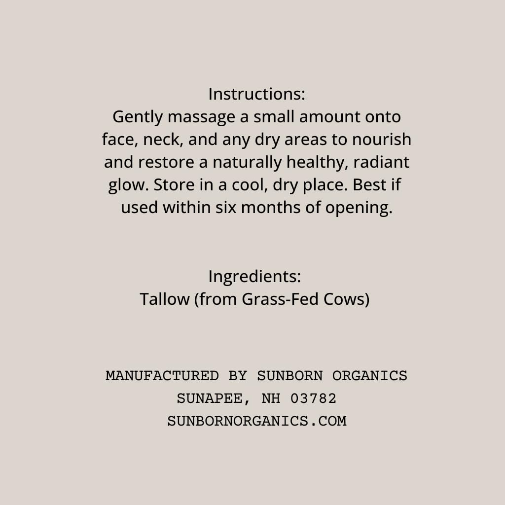 Sunborn Organics Pure Whipped Tallow Balm — Unscented, 1-Ingredient, USA Handmade