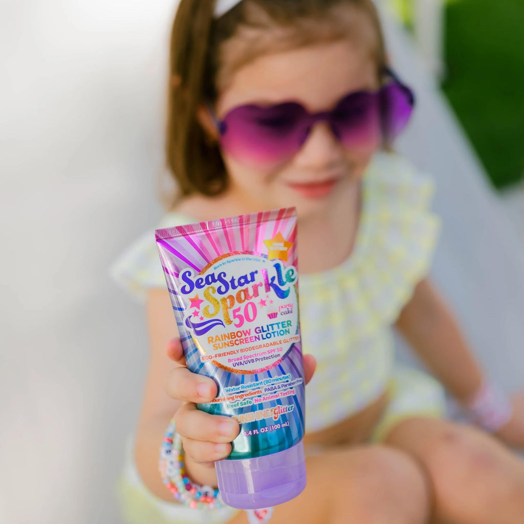 Sunshine & Glitter Seastar Sparkle SPF 50 Glitter Sunscreen – Biodegradable Rainbow Glitter, Made in USA, 3.4oz