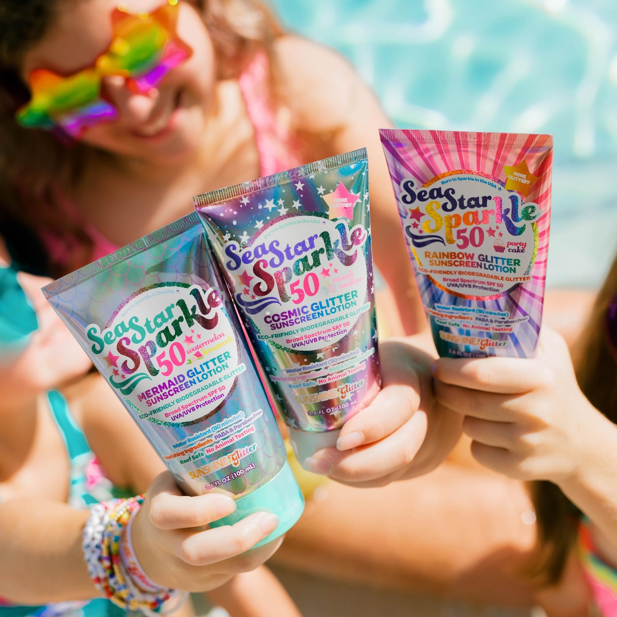 Sunshine & Glitter Seastar Sparkle SPF 50 Glitter Sunscreen – Biodegradable Rainbow Glitter, Made in USA, 3.4oz