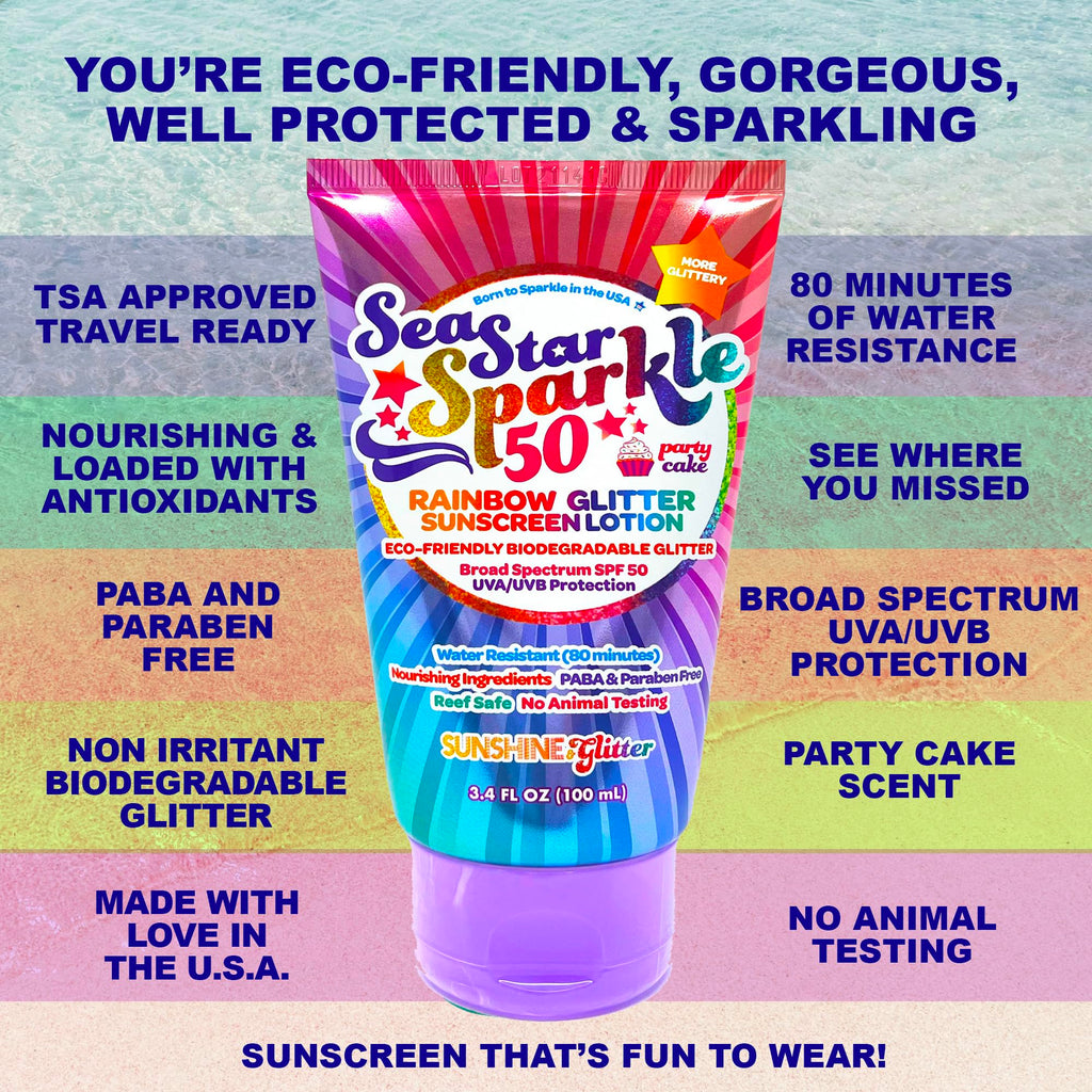 Sunshine & Glitter Seastar Sparkle SPF 50 Glitter Sunscreen – Biodegradable Rainbow Glitter, Made in USA, 3.4oz