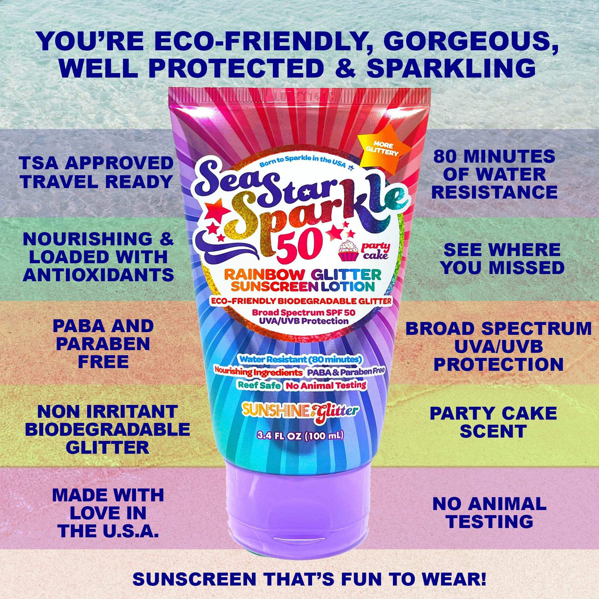 Sunshine & Glitter Seastar Sparkle SPF 50 Glitter Sunscreen – Biodegradable Rainbow Glitter, Made in USA, 3.4oz