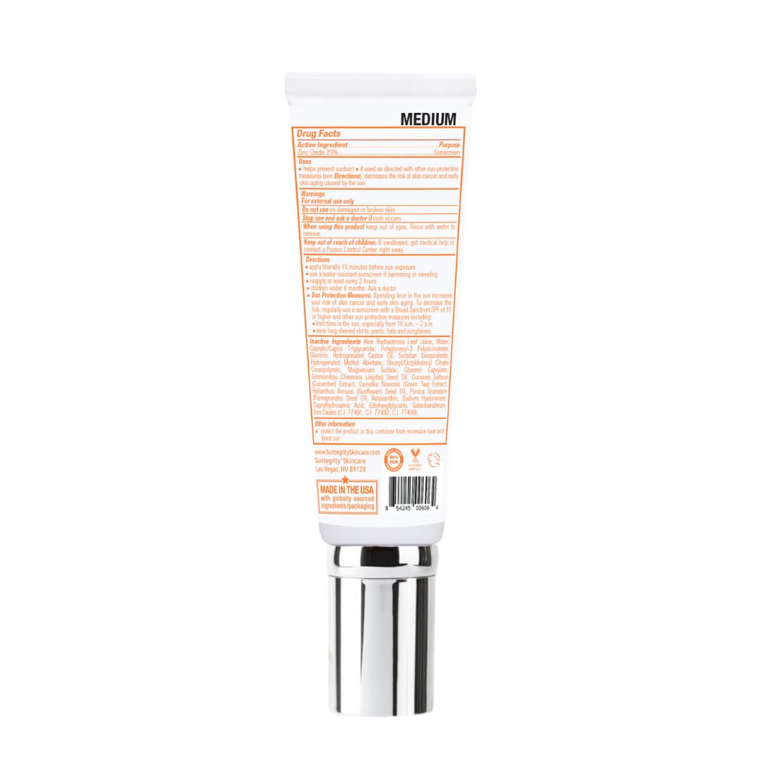 Suntegrity Tinted 5 in 1 Mineral Sunscreen SPF 30 for Face (2 oz) – Medium | Clean, Reef Safe, Vegan BB Cream Moisturizer