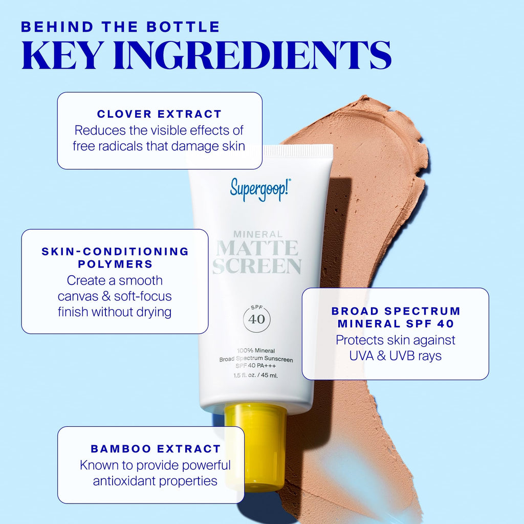 Supergoop! Mineral Mattescreen SPF 40 - Oil-Free Sunscreen for Matte Skin, Pores & Shine Control - 45 mL