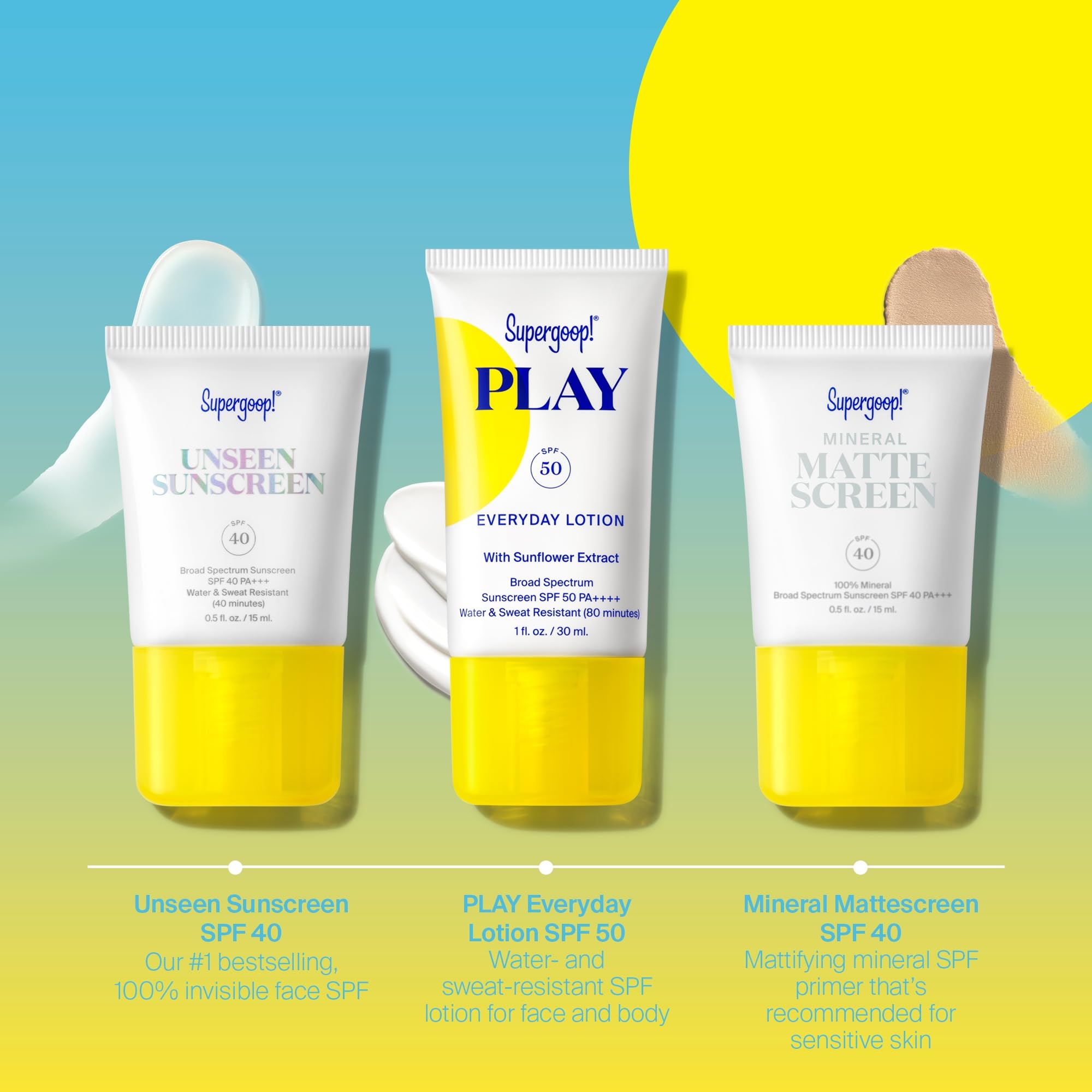 Supergoop Daily SPF Starter – Unseen SPF40, Mattescreen SPF40, PLAY SPF50 (Non-Comedogenic)