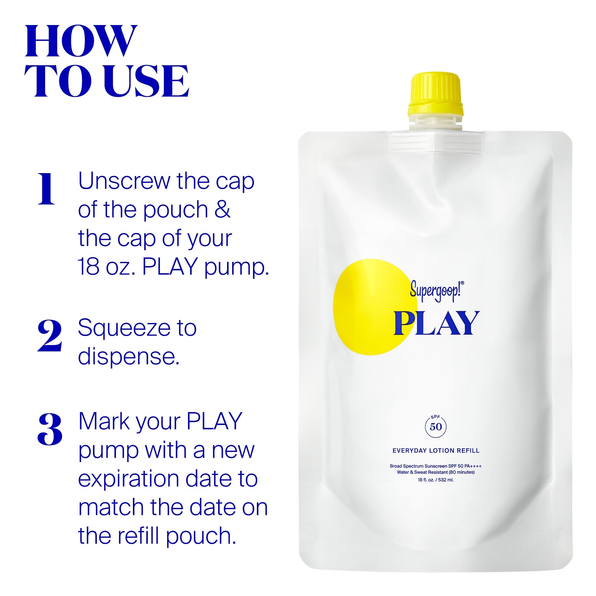 Supergoop! PLAY Everyday Lotion SPF 50 – Pump Refill Pouch, Broad Spectrum for Face & Body (18 oz)