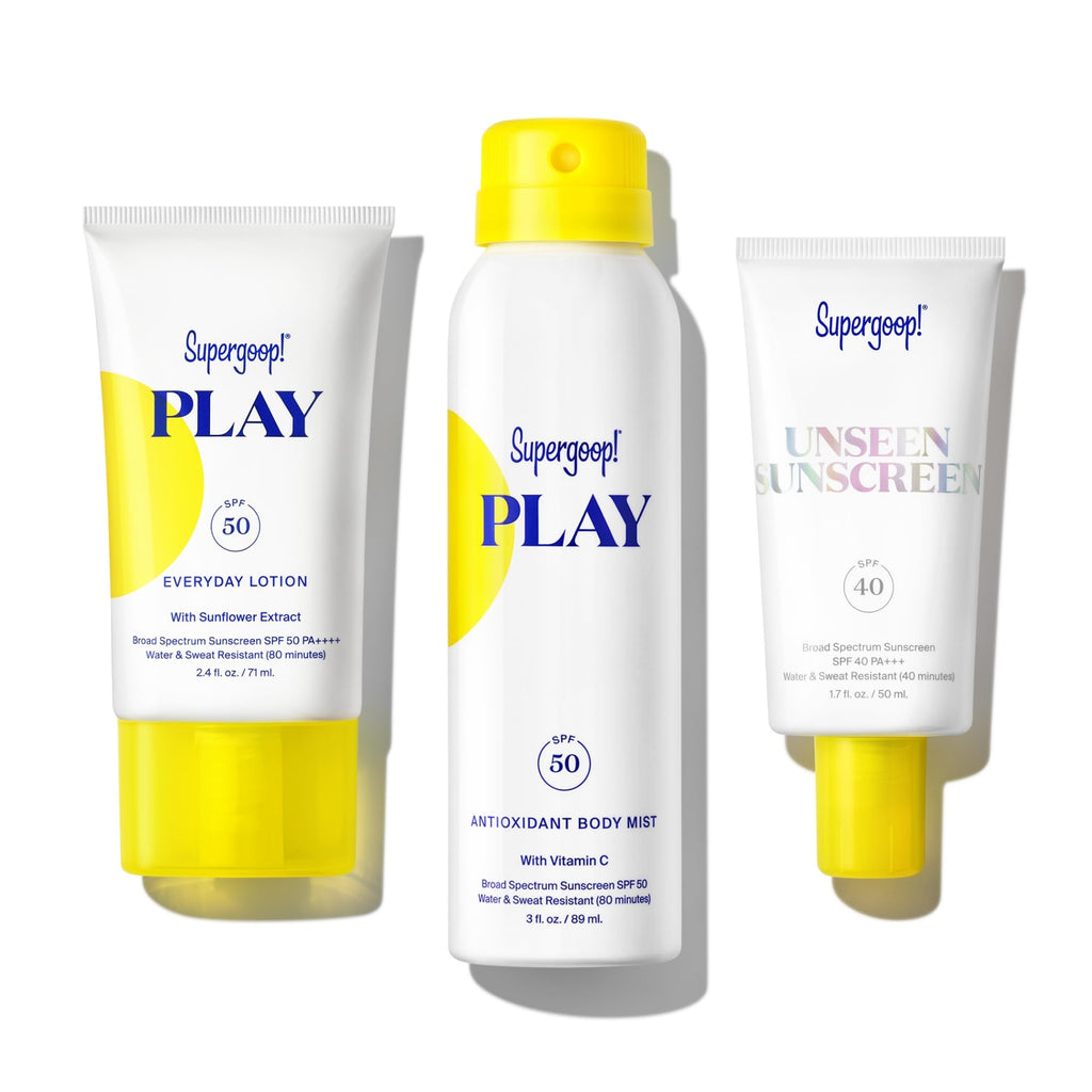 Supergoop! Travel Kit: PLAY Everyday SPF 30, Unseen Sunscreen SPF 30, Body Mist SPF 30