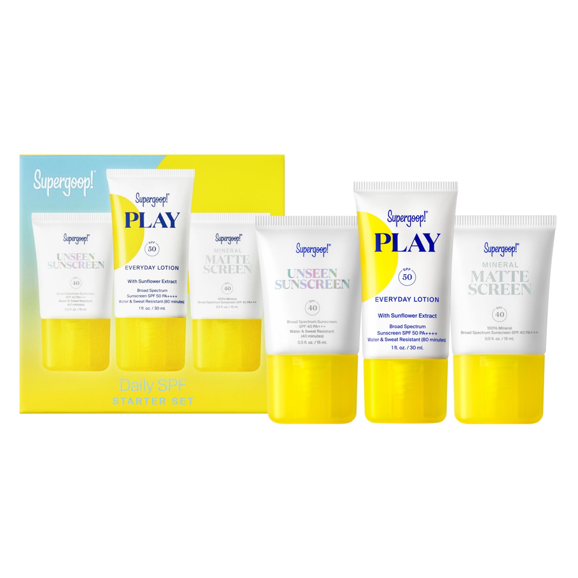 Supergoop Daily SPF Starter – Unseen SPF40, Mattescreen SPF40, PLAY SPF50 (Non-Comedogenic)