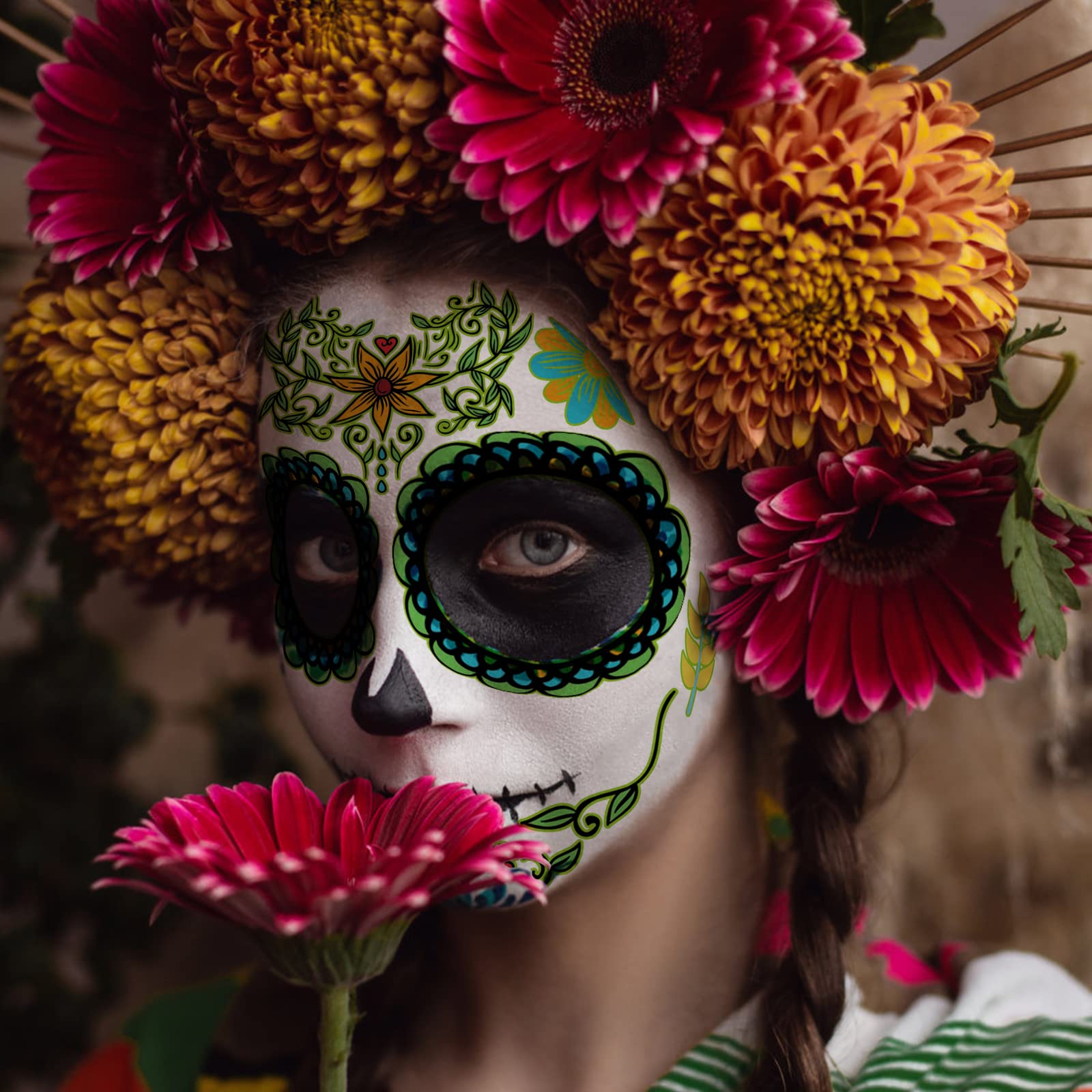 Supersfel Day of the Dead Face Tattoos Kit – 10 Sheets Sugar Skull Roses for Halloween