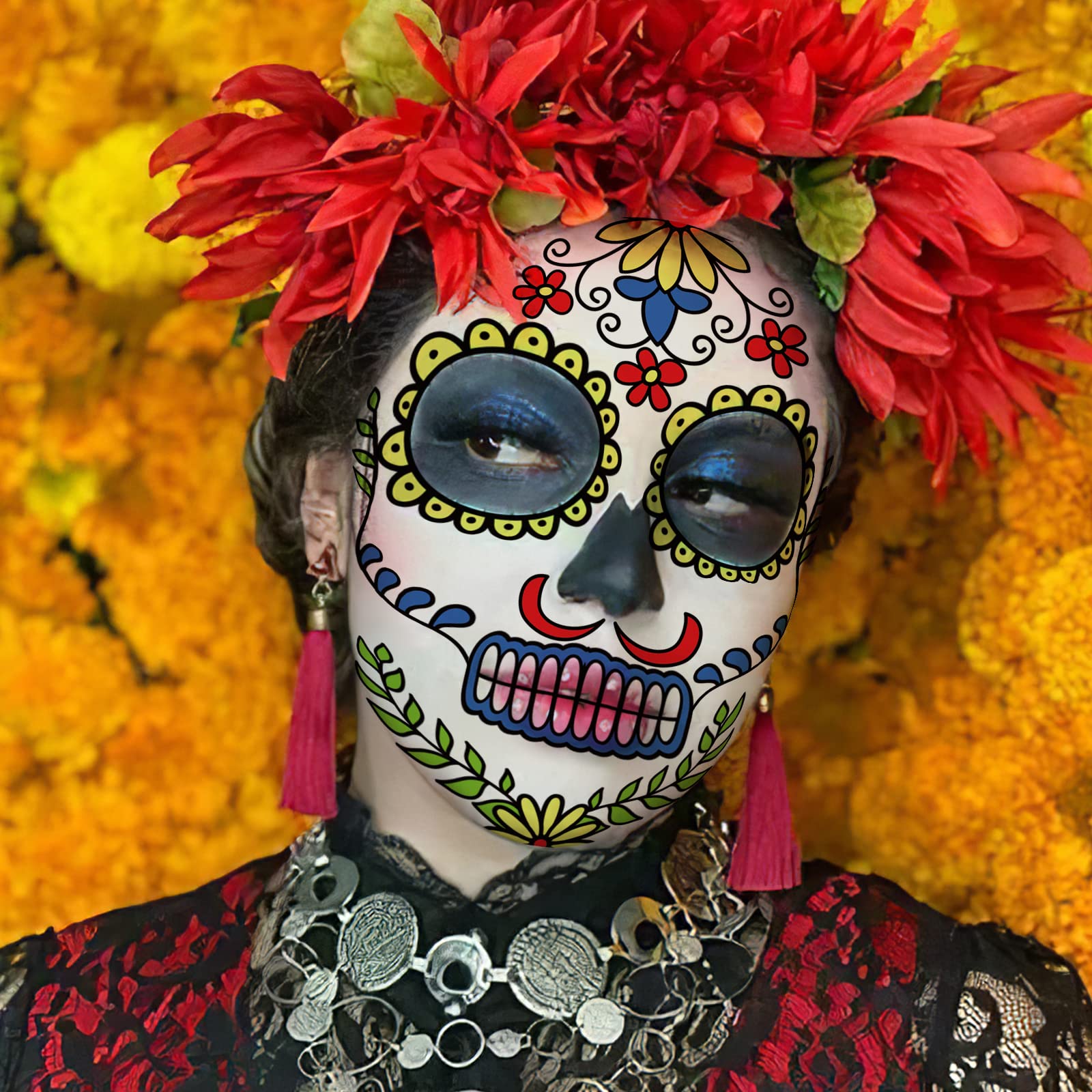 Supersfel Day of the Dead Face Tattoos Kit – 10 Sheets Sugar Skull Roses for Halloween