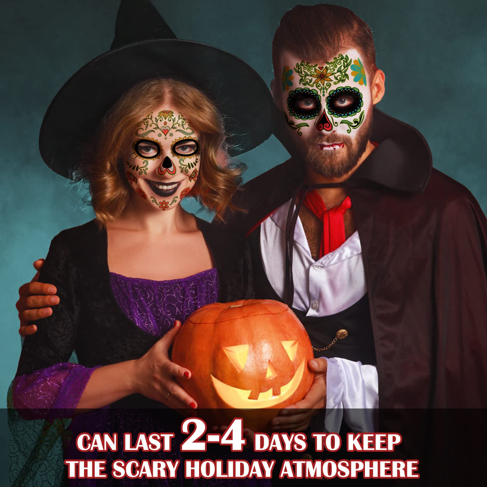 Supersfel Day of the Dead Face Tattoos Kit – 10 Sheets Sugar Skull Roses for Halloween