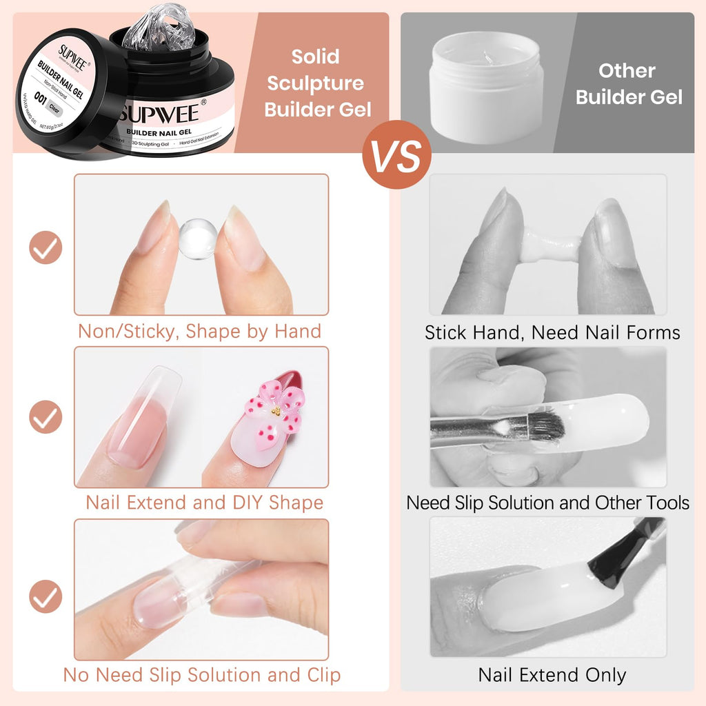 SUPWEE Solid Builder Nail Gel 60g – Clear 3D Sculpting Gel with Chrome Powder for Home DIY Manicure