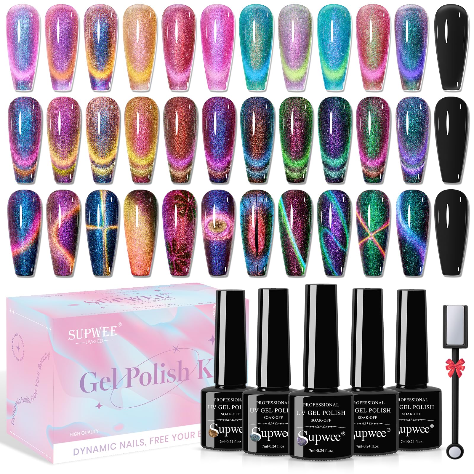 SUPWEE 12-Color Cat Eye Gel Polish Kit with Magnetic Stick – Galaxy Cat Eye Nails for DIY Home Manicure