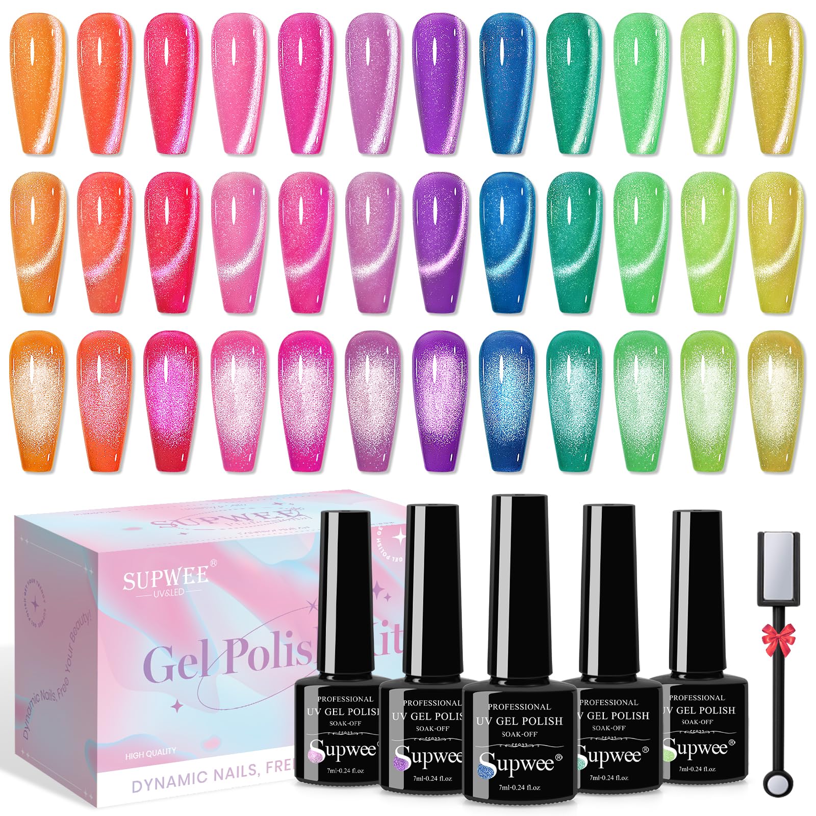 SUPWEE 12 Colors Neon Cat Eye Gel Nail Polish with Magnetic Tool – Vibrant Cat Eye Effects