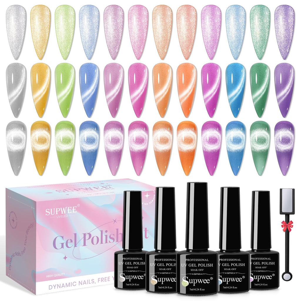 SUPWEE 12 Colors Cat Eye Gel Nail Polish Set – Macaron Candy Magnetic Gel Polish for DIY Home Manicures