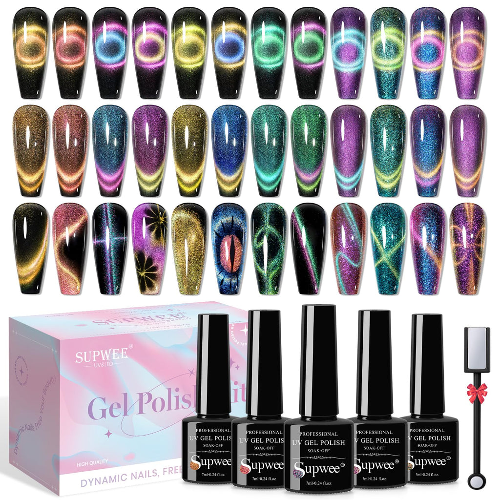 SUPWEE Cat Eye Gel Polish Kit — 12 Magnetic Colors with Stick for Galaxy Cat Eye Nails