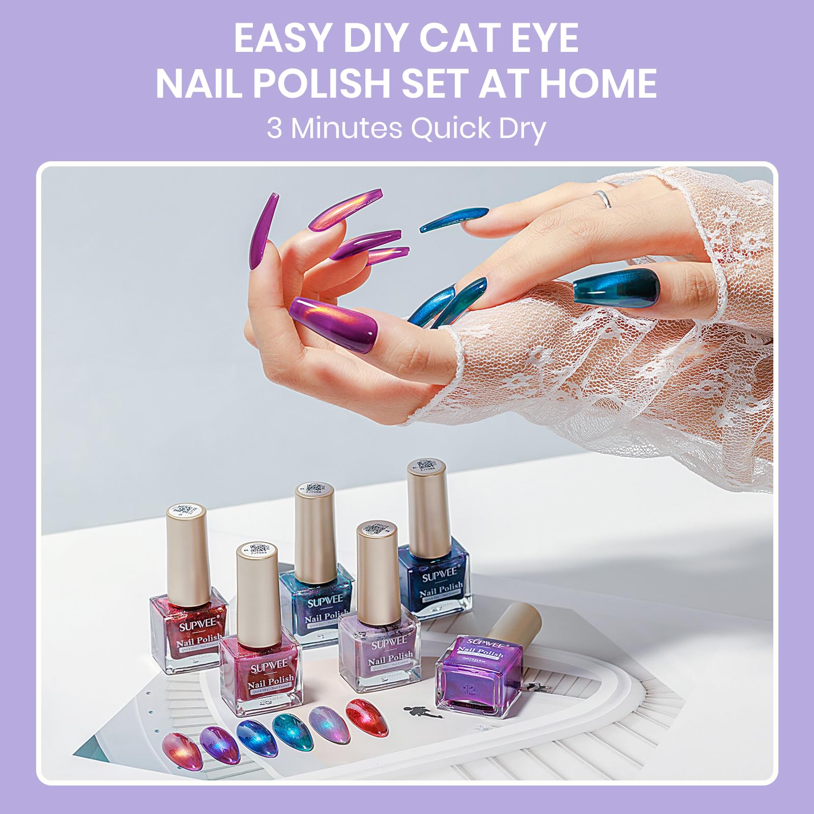 SUPWEE Cat Eye Nail Polish Set | Quick-Dry Magnetic Lacquer in 6 Holographic Shades