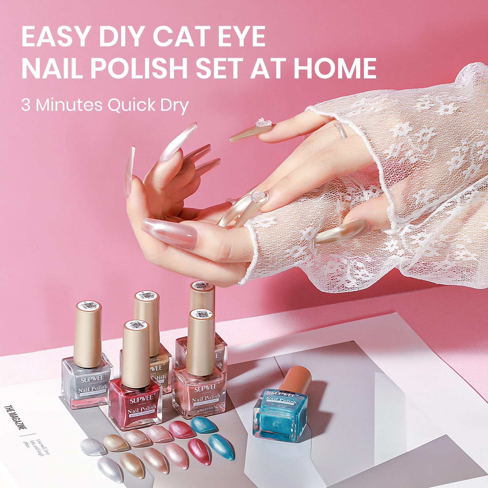 SUPWEE Cat Eye Nail Polish Set – 6 Quick-Dry Magnetic Lacquers for salon-worthy cat eye nails