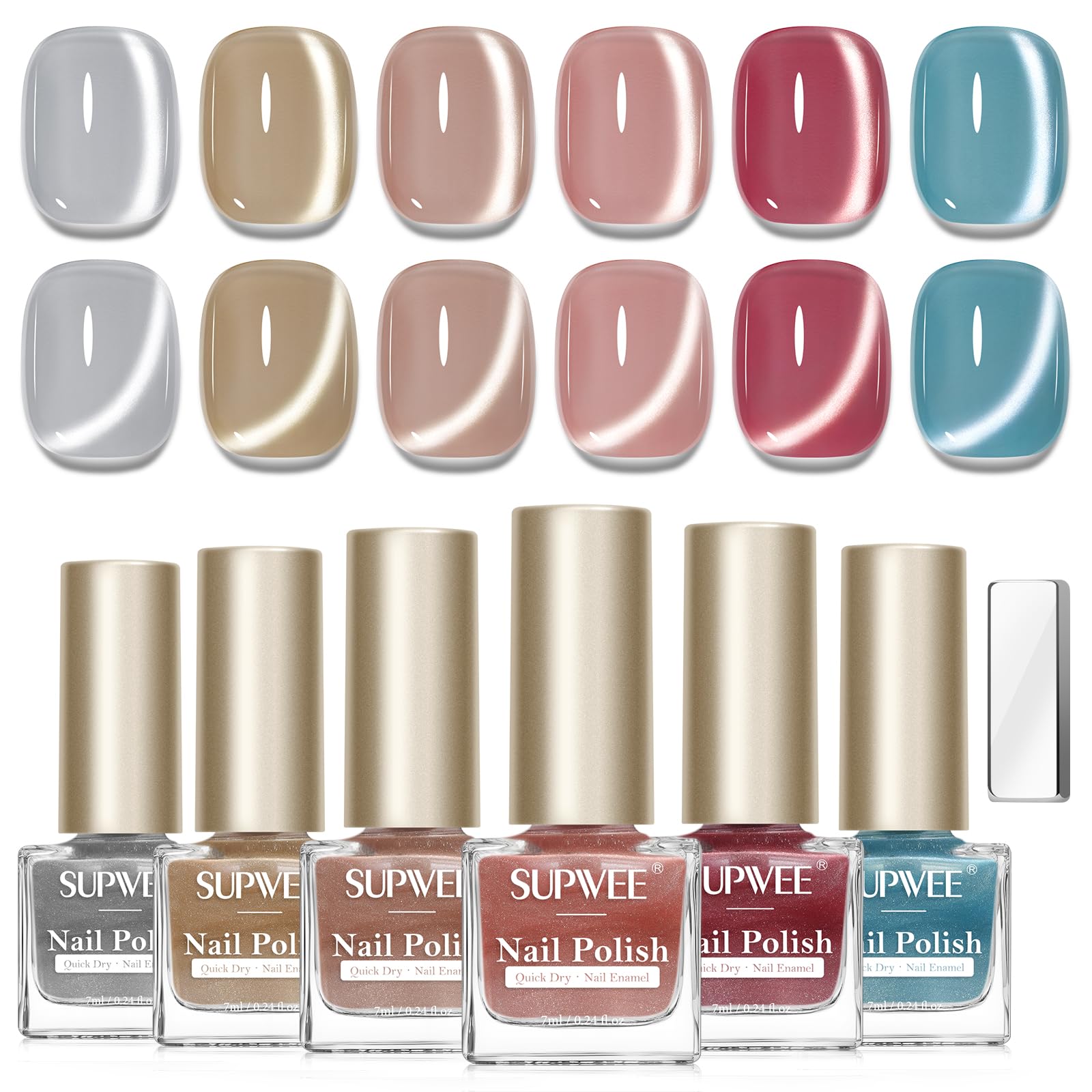 SUPWEE Cat Eye Nail Polish Set – 6 Quick-Dry Magnetic Lacquers for salon-worthy cat eye nails