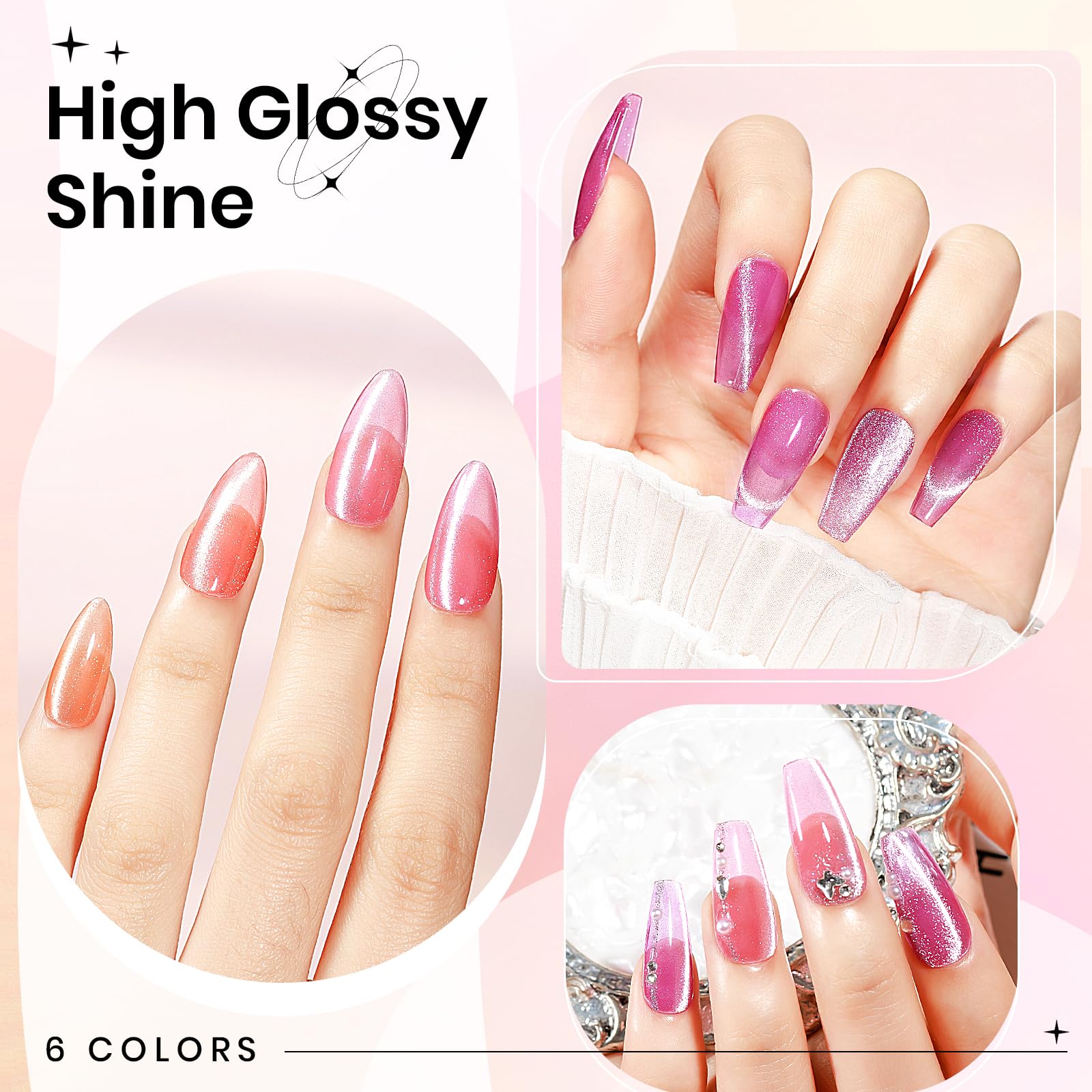 SUPWEE Cateye Gel Nail Polish Set – 6 Magnetic Cat Eye Colors for DIY Nail Art | UV Lamp Cured