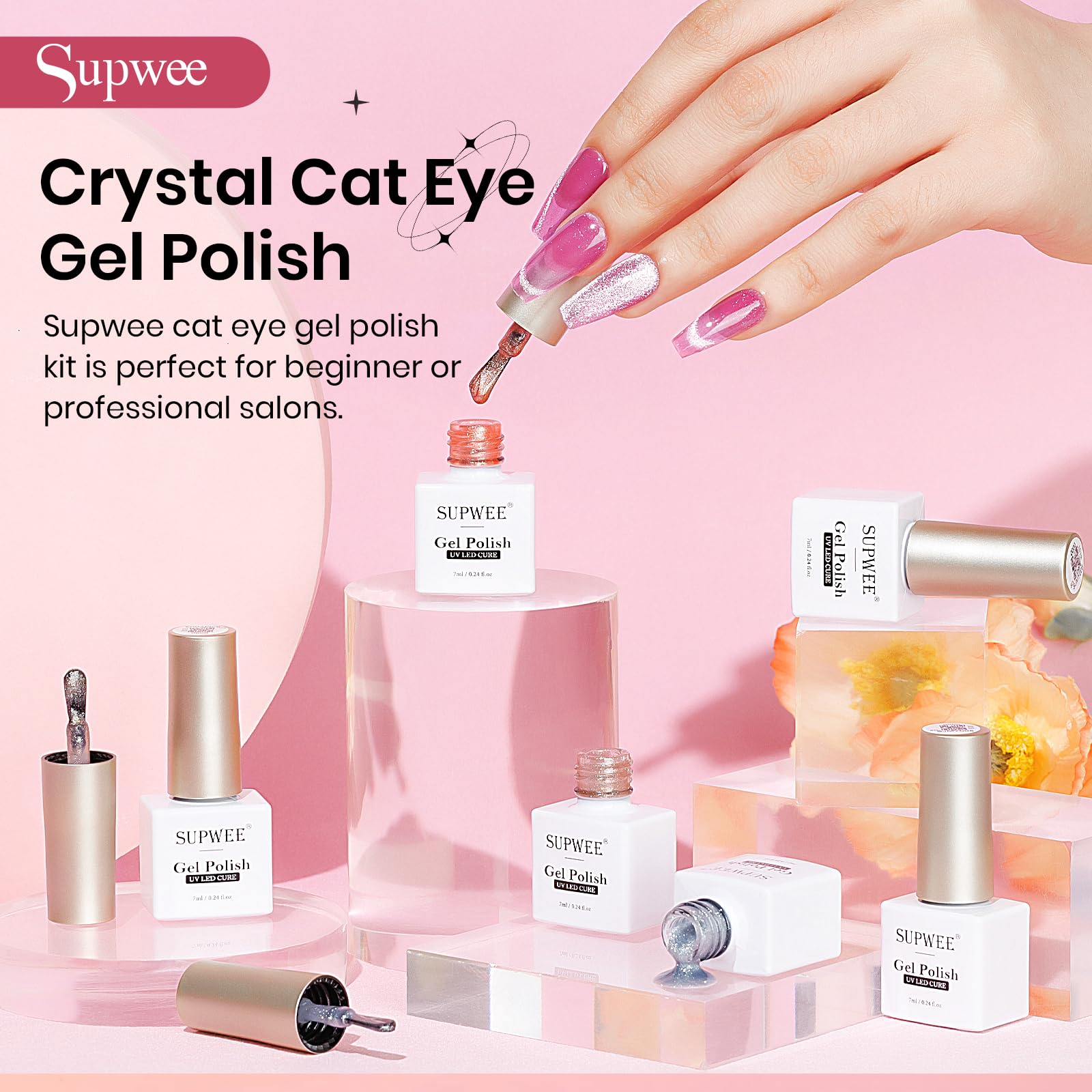 SUPWEE Cateye Gel Nail Polish Set – 6 Magnetic Cat Eye Colors for DIY Nail Art | UV Lamp Cured