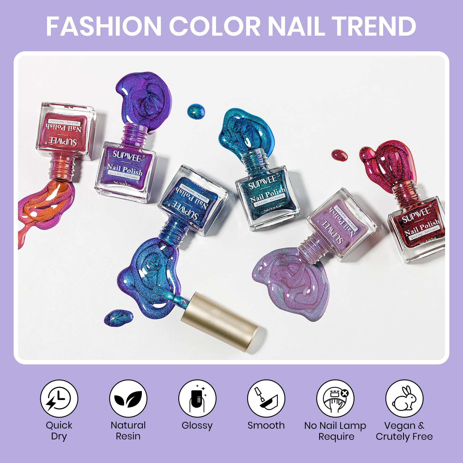 SUPWEE Cat Eye Nail Polish Set | Quick-Dry Magnetic Lacquer in 6 Holographic Shades