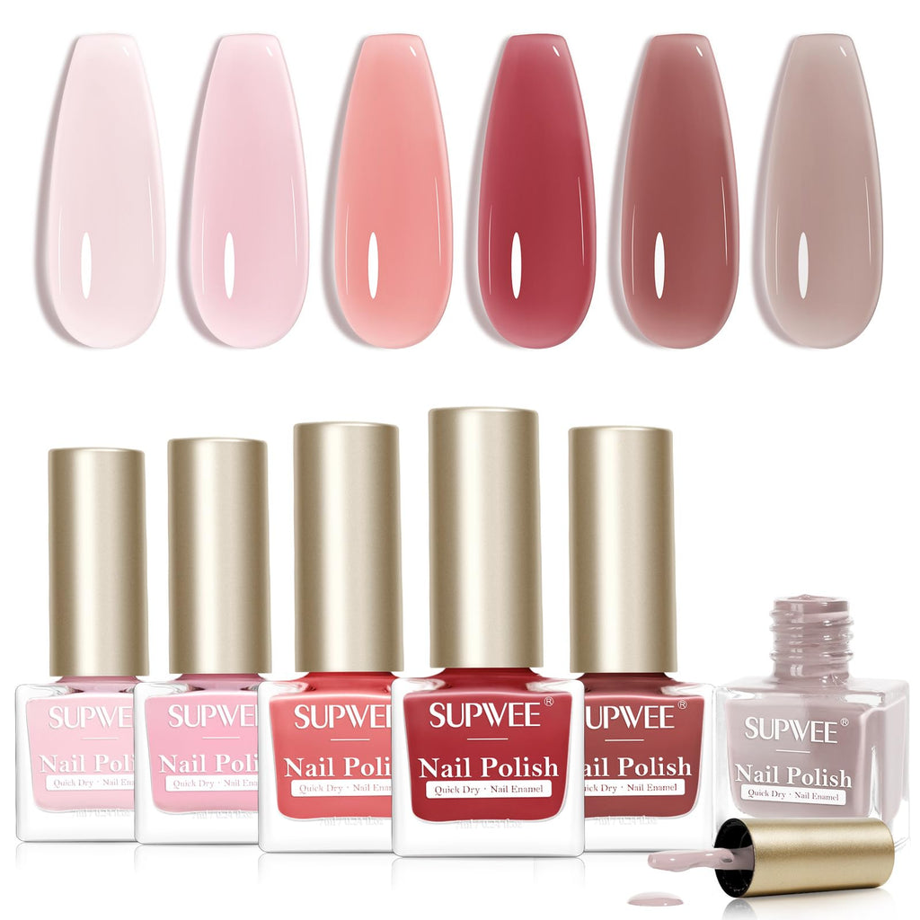 SUPWEE Jelly Nail Polish Set – Quick Dry Sheer Nude Pink Regular Nail Lacquer (8 Colors)