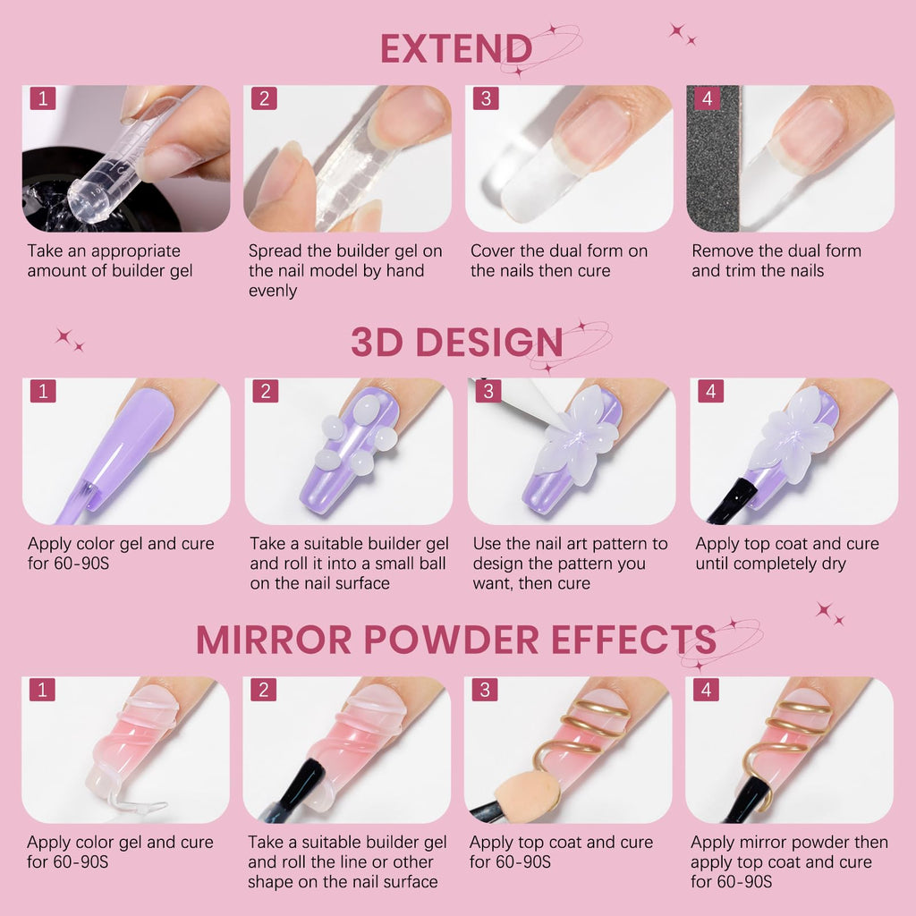 SUPWEE Clear White Pink Solid Builder Gel Kit for Nails | 3D Nail Art & Extensions