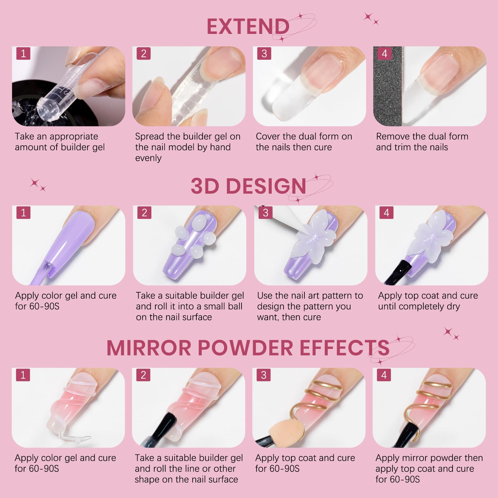 SUPWEE Clear White Pink Solid Builder Gel Kit for Nails | 3D Nail Art & Extensions