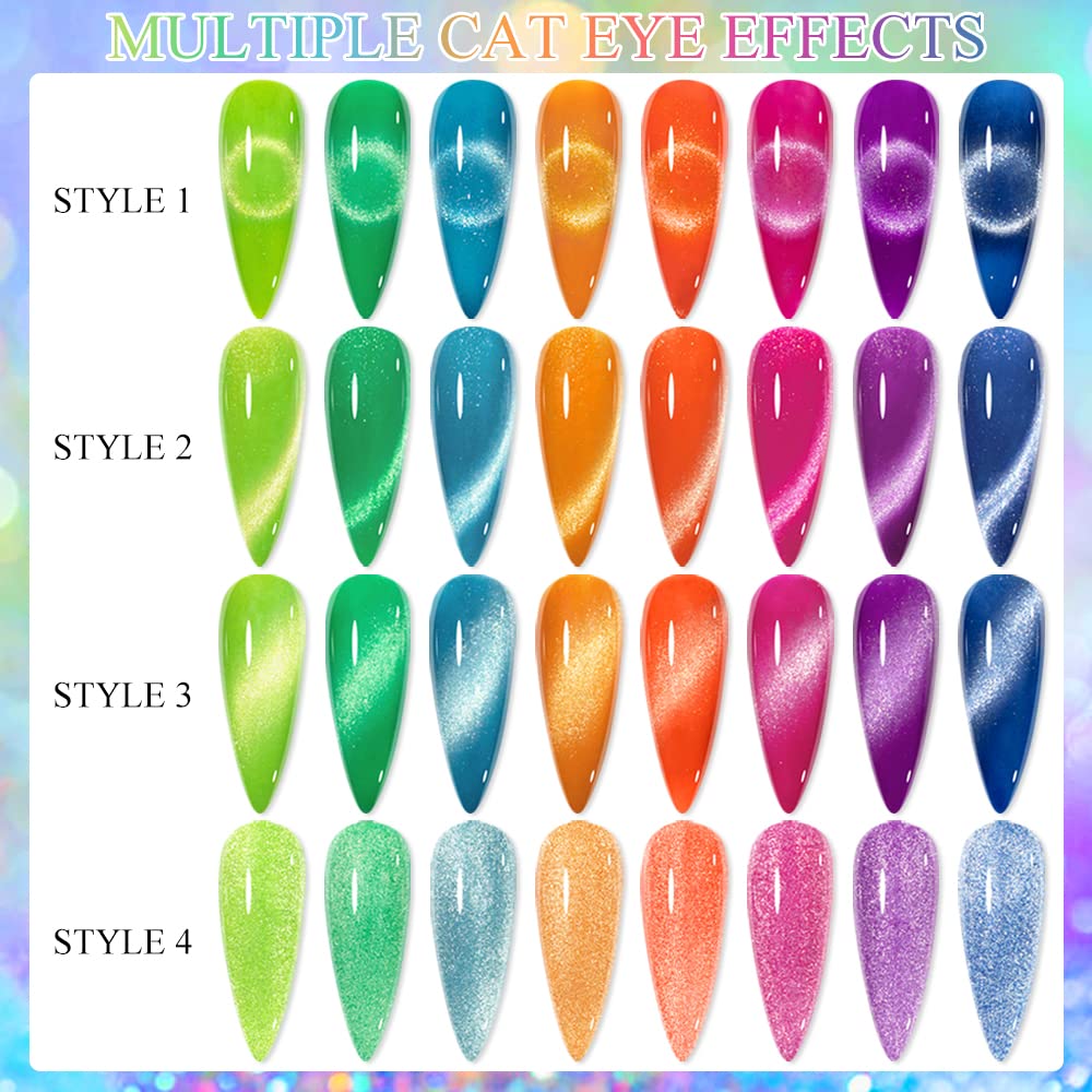 SUPWEE Neon Cat Eye Gel Polish Set – 8 Neon Colors, Magnetic Cat-Eye Gel, Soak-Off