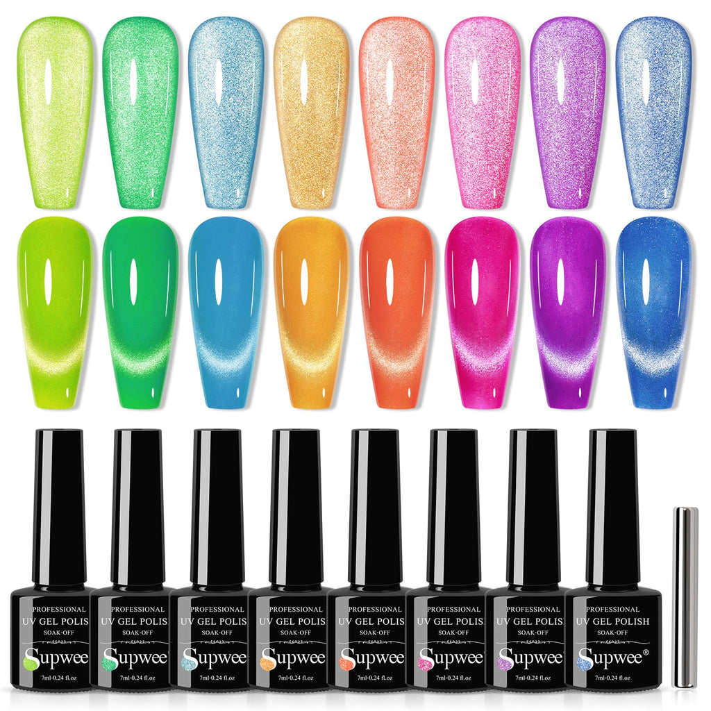 SUPWEE Neon Cat Eye Gel Polish Set – 8 Neon Colors, Magnetic Cat-Eye Gel, Soak-Off