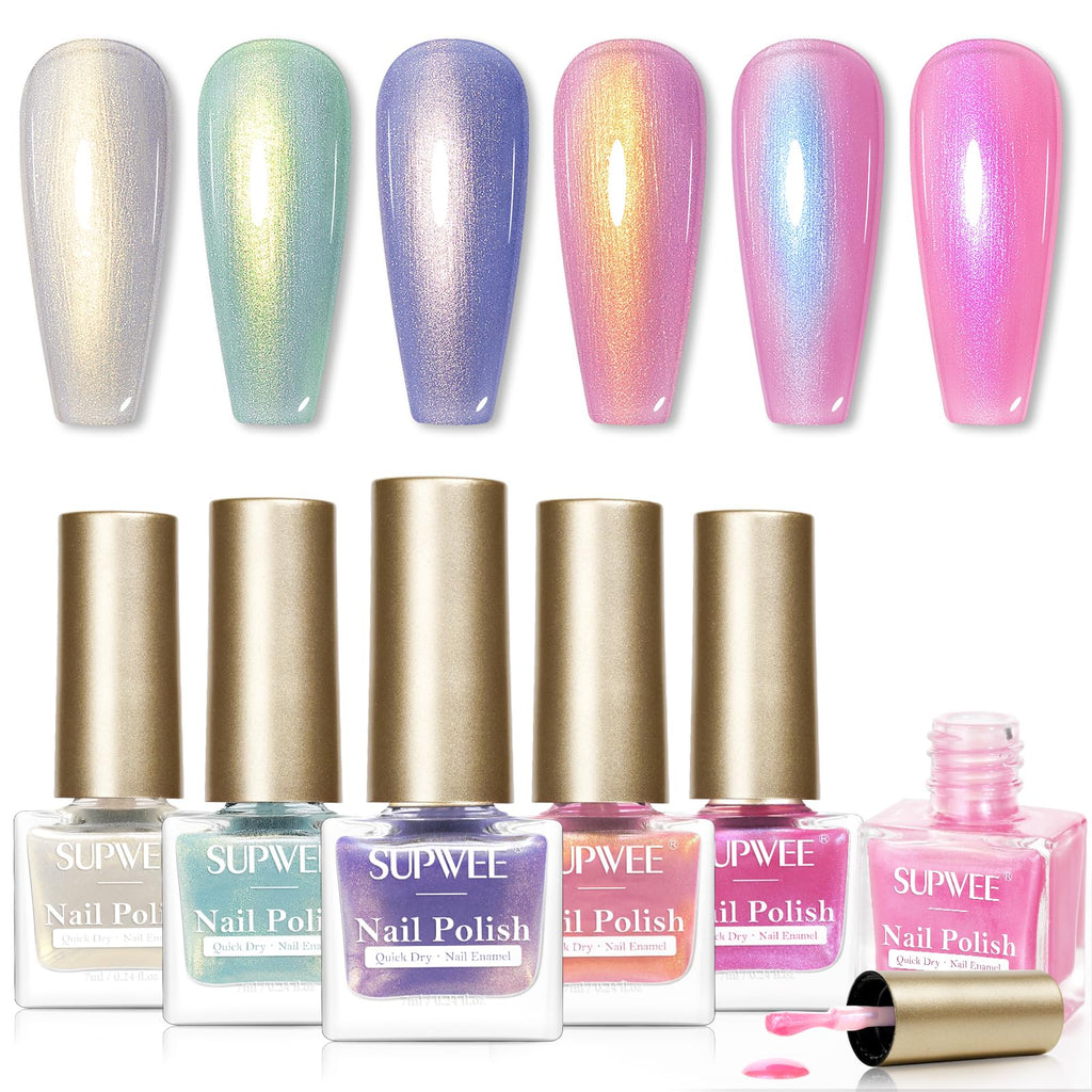 SUPWEE Pearl Nail Polish Set Non Gel – Quick-Dry Mermaid Shell Colors (Blue, Pink, White, Green)