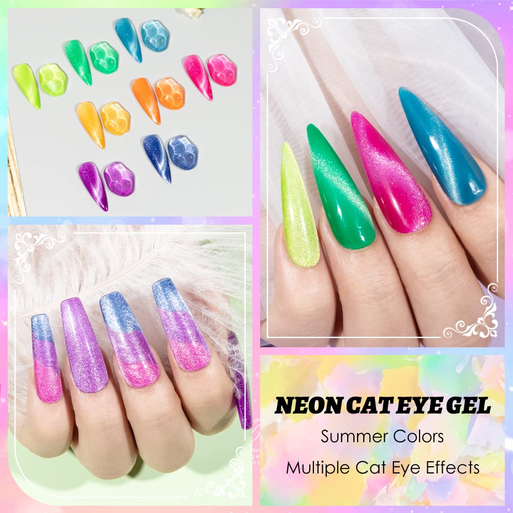 SUPWEE Neon Cat Eye Gel Polish Set – 8 Neon Colors, Magnetic Cat-Eye Gel, Soak-Off