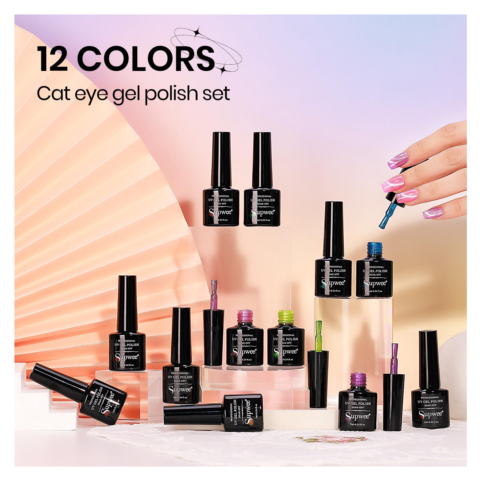 SUPWEE 12 Colors Neon Cat Eye Gel Nail Polish with Magnetic Tool – Vibrant Cat Eye Effects