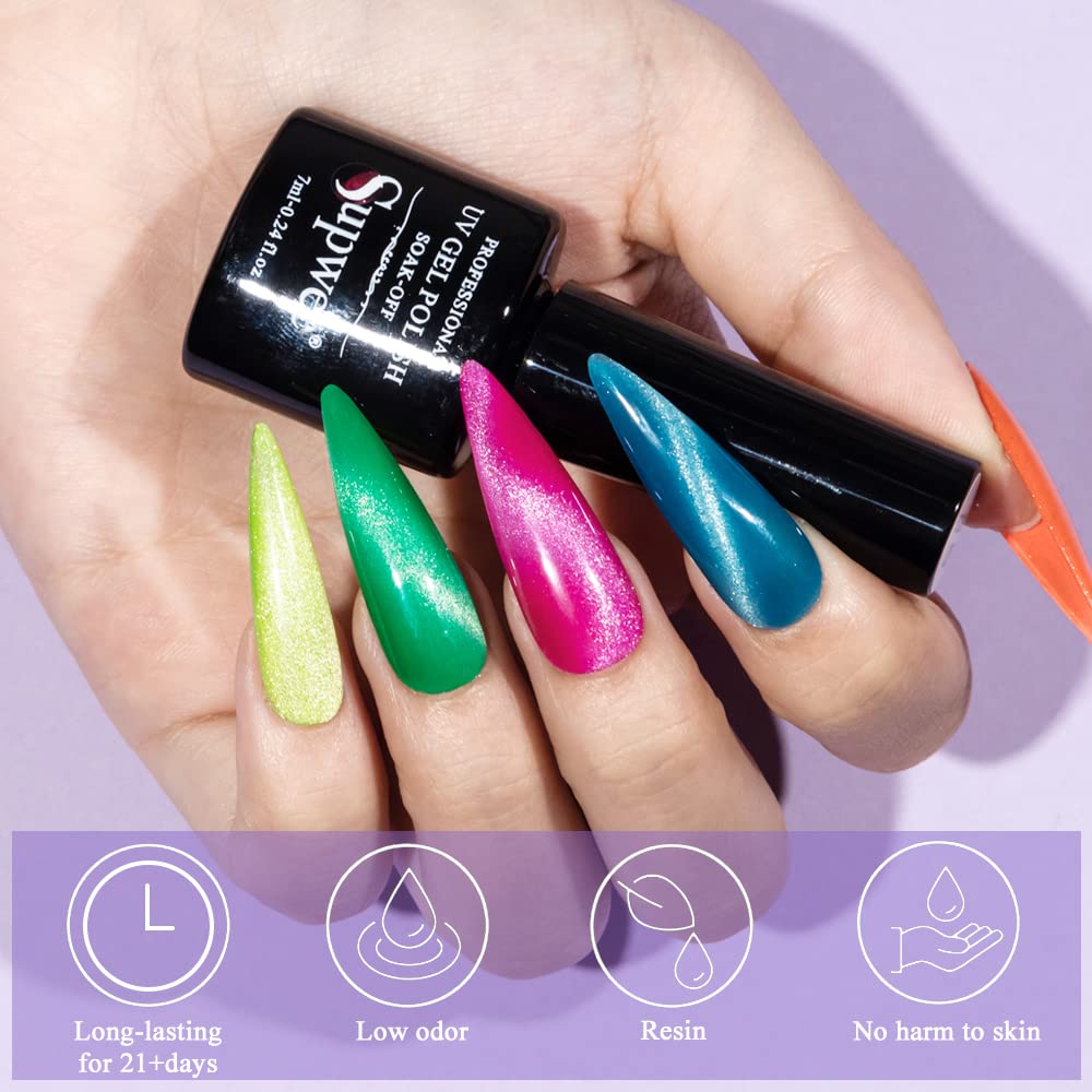 SUPWEE Neon Cat Eye Gel Polish Set – 8 Neon Colors, Magnetic Cat-Eye Gel, Soak-Off