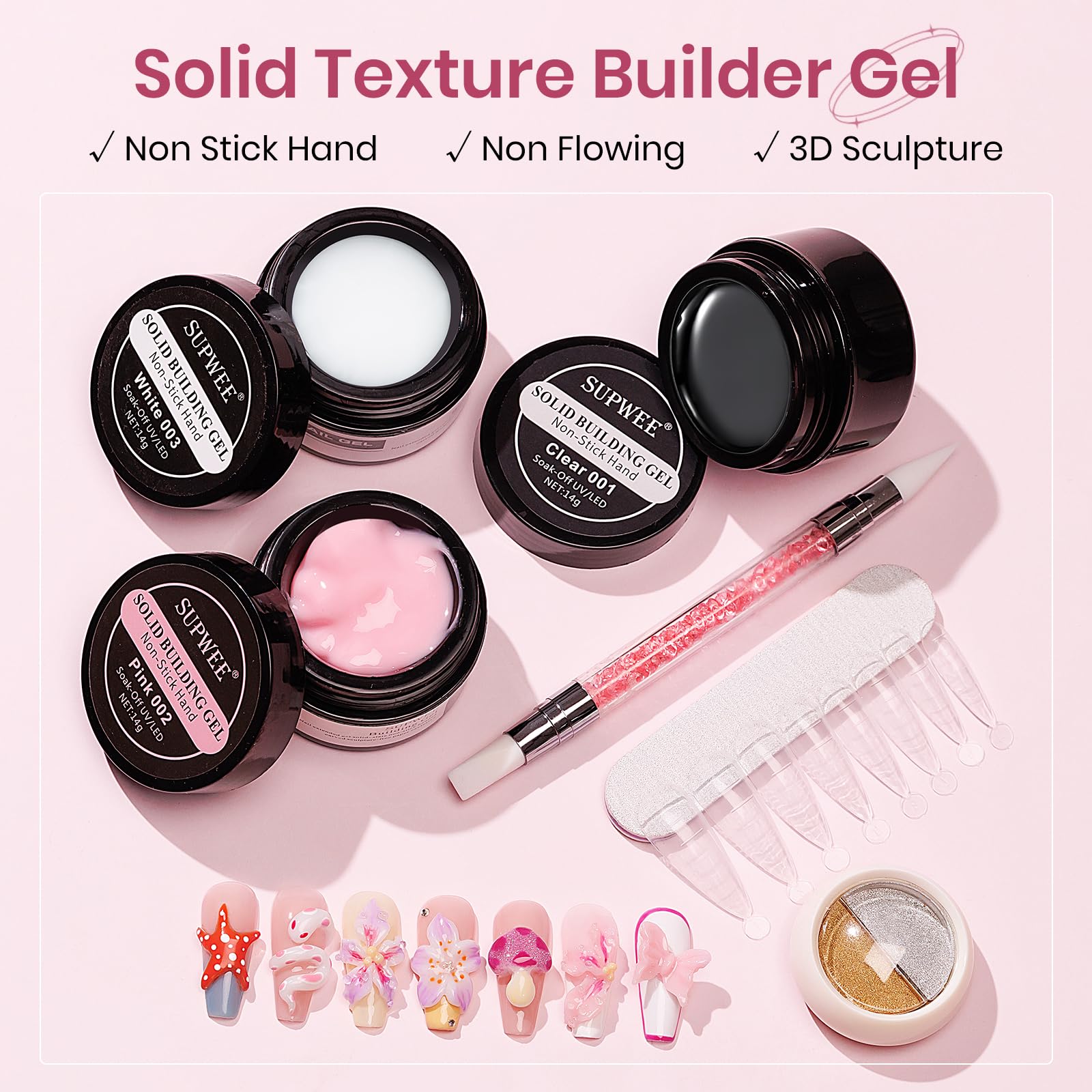 SUPWEE Clear White Pink Solid Builder Gel Kit for Nails | 3D Nail Art & Extensions