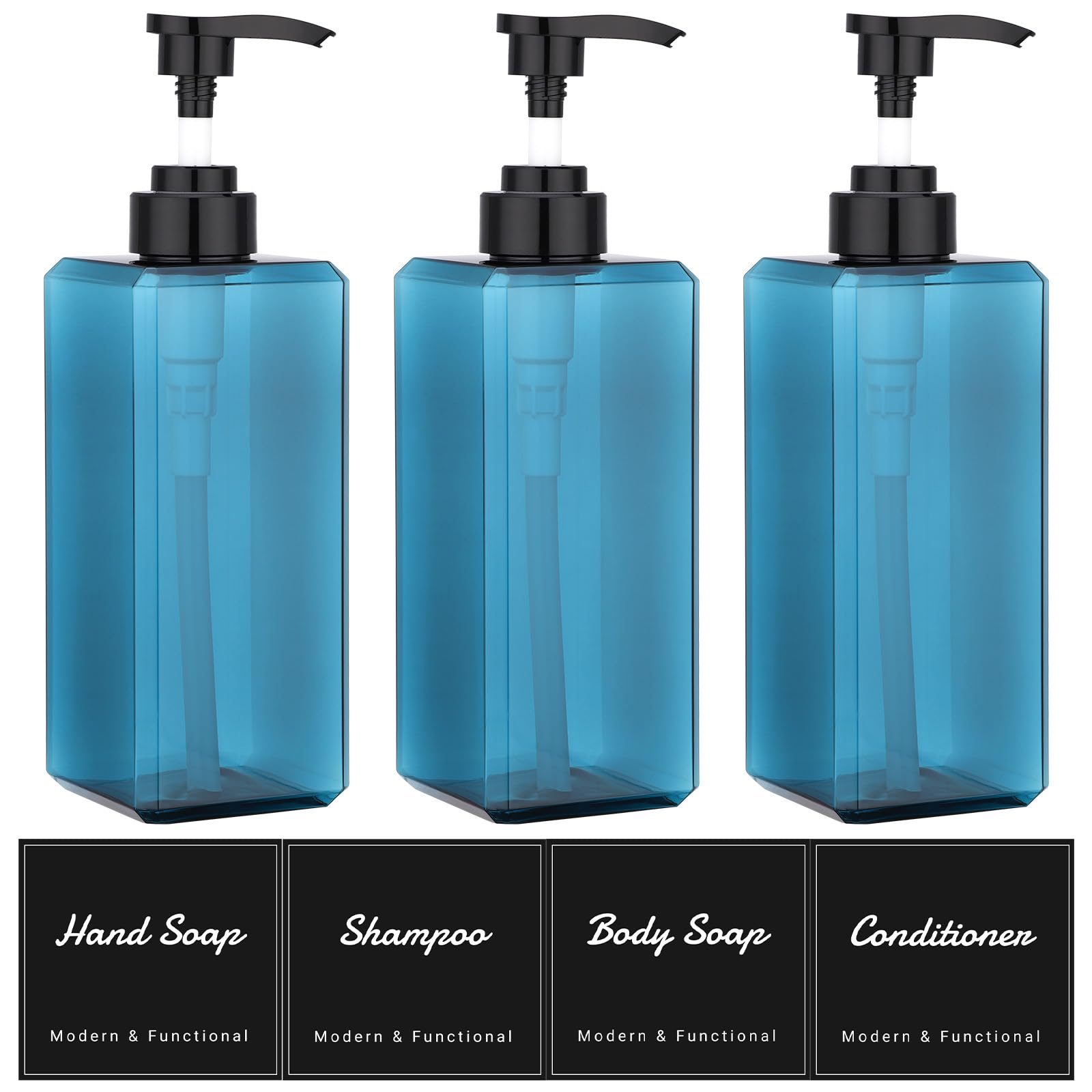 Suream Shower Dispenser Set — 3x 22oz Pump Bottles with Labels (Blue)