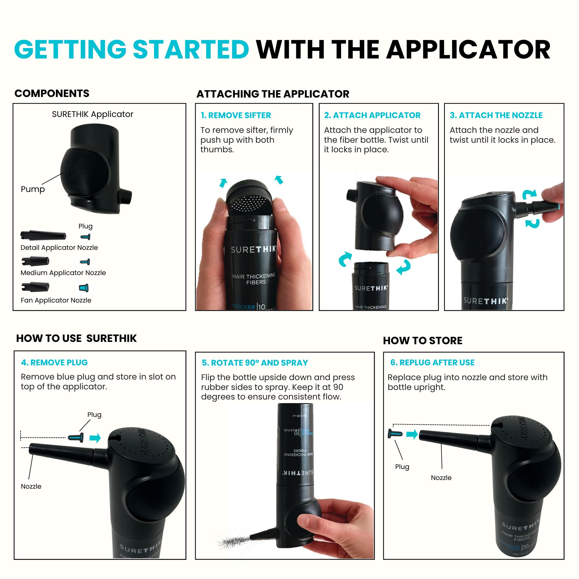 SURETHIK Hair Fiber Applicator Toolkit – Twist-On Pump, Hairline Tool & 3 Nozzles (Exclusive For SURETHIK Bottles)