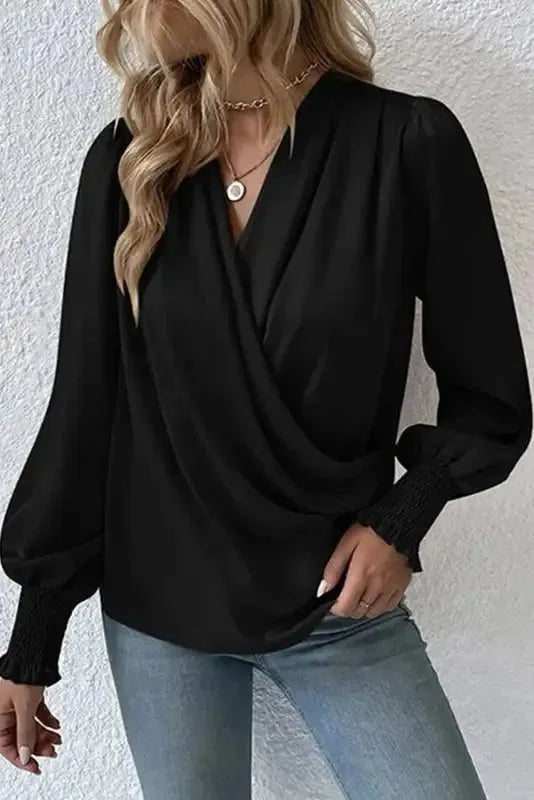 Surplice Neck Shirred Cuffs Draped Blouse