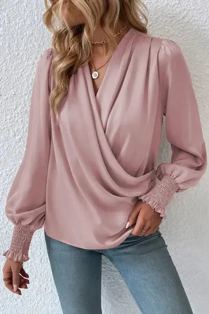 Surplice Neck Shirred Cuffs Draped Blouse