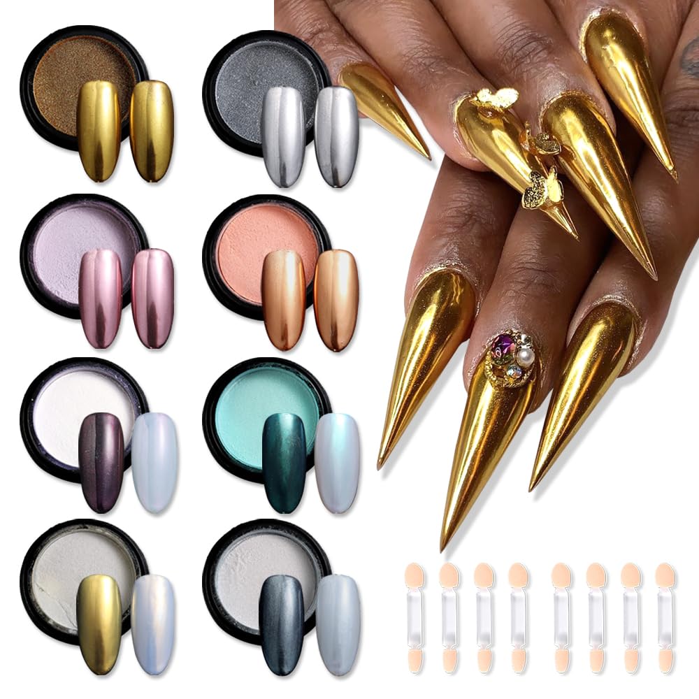 SUTOKAKA Chrome Nail Powder Kit – 8 Jars (Mirror & Aurora Mermaid Finishes)