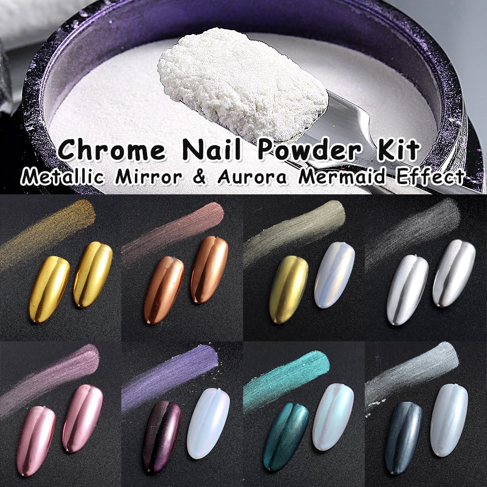 SUTOKAKA Chrome Nail Powder Kit – 8 Jars (Mirror & Aurora Mermaid Finishes)