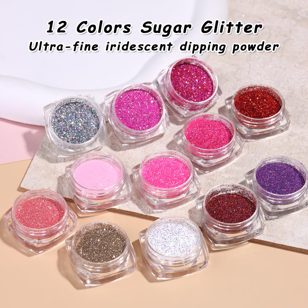 SUTOKAKA Holographic Sugar Glitter Powder – 12 Iridescent Nail Colors