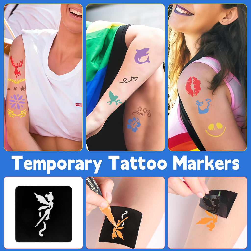Suu66 Temporary Tattoo Markers Kit – 16 Dual-End Colors with 80 Stencils | Skin-Safe & Washable