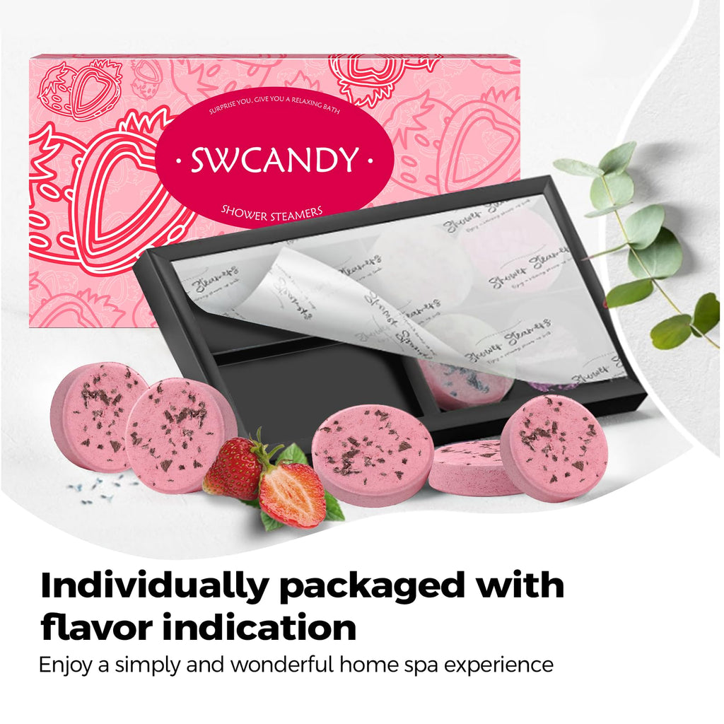 SWCANDY Shower Steamers – Aromatherapy Bath Bombs for Women, 8 Pcs Strawberry, Travel Essentials