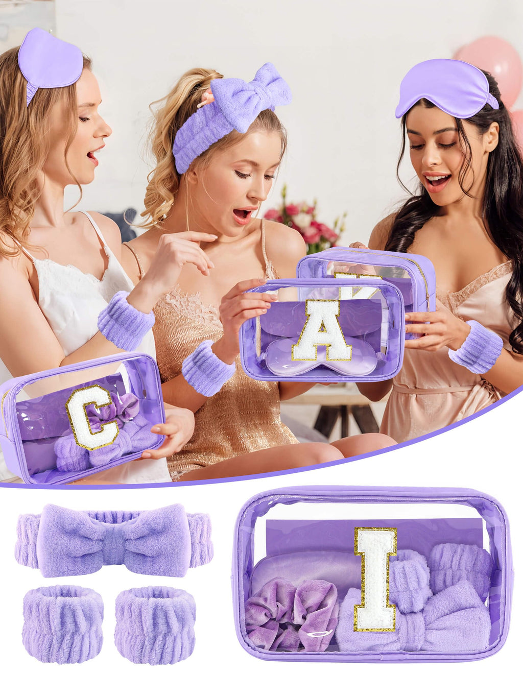 Sweet Lion Gift Sets for Women — Initial Makeup Bag + Brush Set, Purple Spa Kit, Sleepover Party Favors