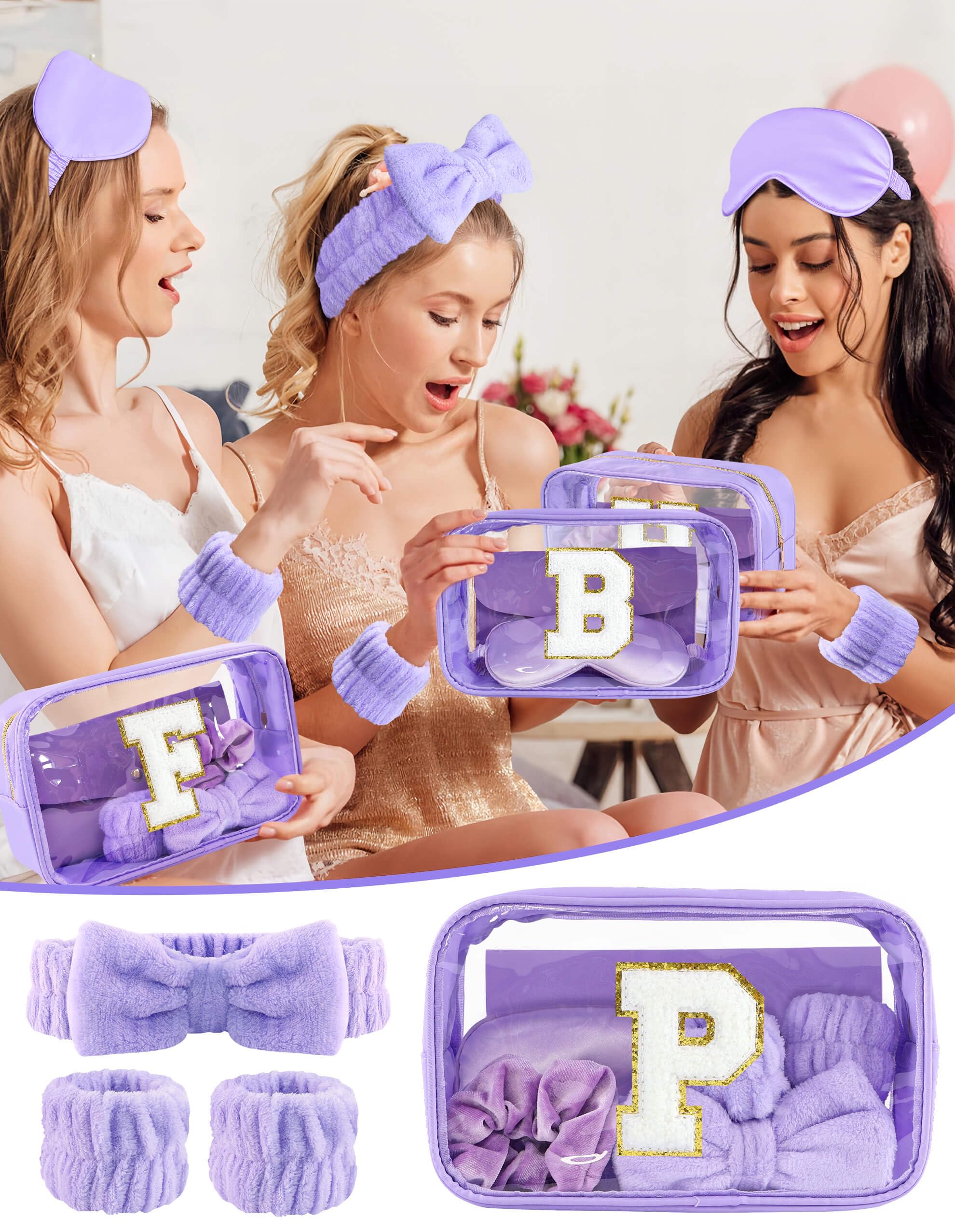 Sweet Lion Gift Sets for Women – Initial Makeup Bag & Brush Set | Purple Spa Kit for Sleepovers